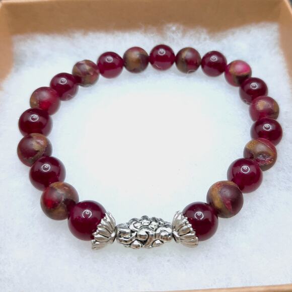 Red Jasper Beaded Bracelet Artisan Made 8mm Gemstone Stretch Tibetan Silver New - Picture 11 of 12